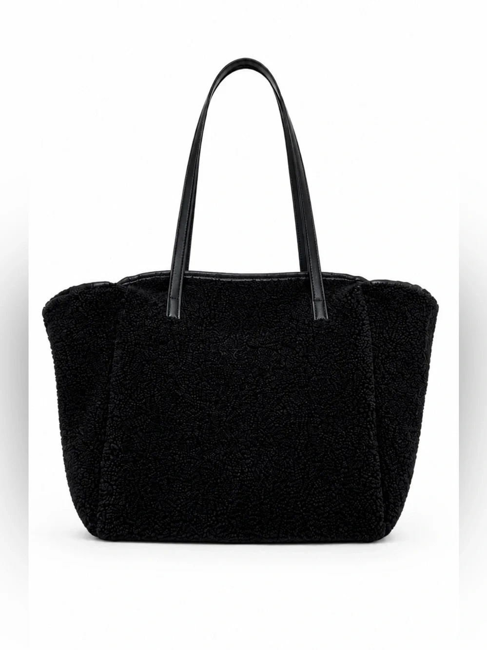 Neiman Marcus Black Faux Leather Reversible Sherpa Lined Large Tote Shoulder Bag
